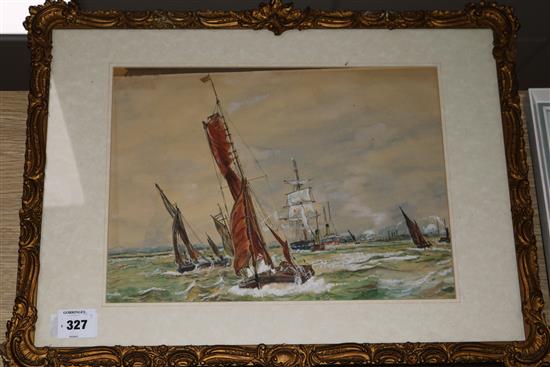 English School c.1910 Fishing boats off the coast 28x 39cm